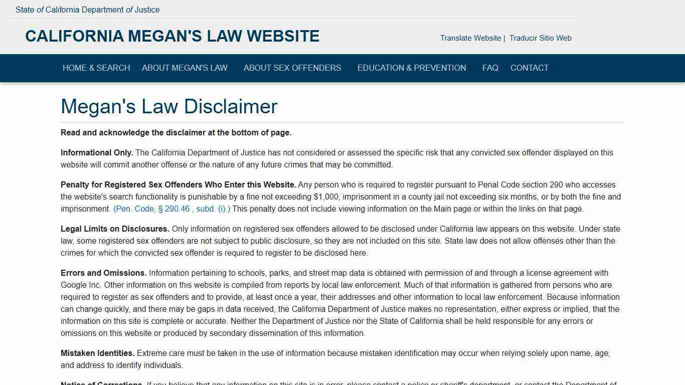 Disclaimer - Megan's Law Website